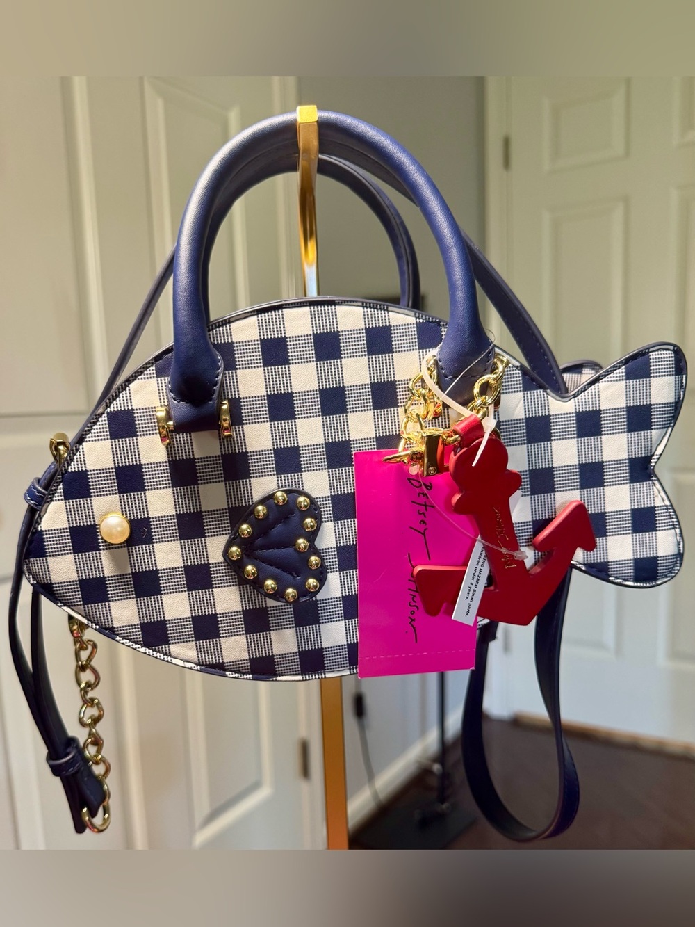 NWT Betsey Johnson Xosea Gingham Fish Crossbody Bag w/ Anchor Charm